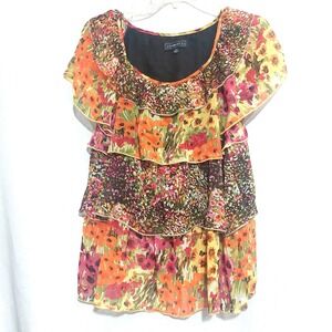 Elementz Womens Medium Tiered Ruffle Chiffon Blouse Short Flutter Sleeves Lined